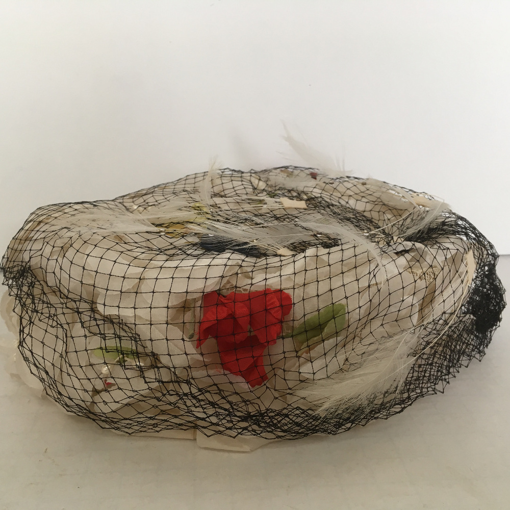vintage white hat black netting floral design